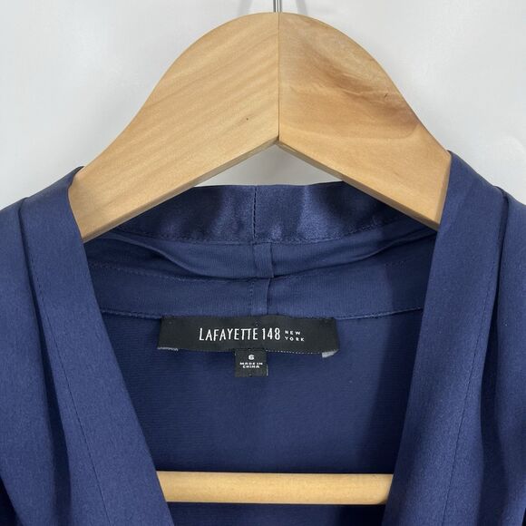 Lafayette 148 New York Top Size 6 Blue Silk Satin Blouse Button Up Career Pleat - Picture 3 of 7